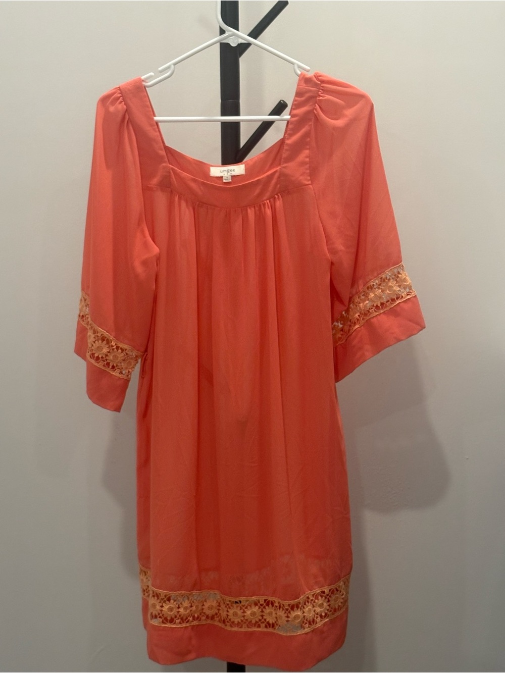 Women's Peach Lace Trimmed Band 3/4 Dolman Sleeve Sheer Tunic/Shift Dress Sz S